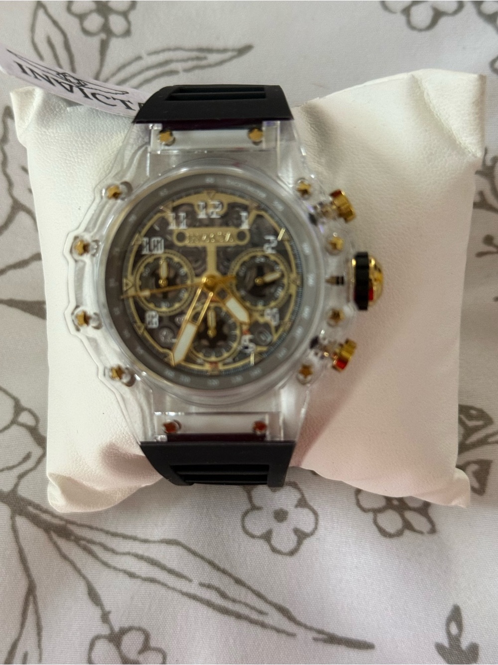 Invicta Gold Skeleton Dial Watch with Clear Case and Black Strap - Picture 2 of 4